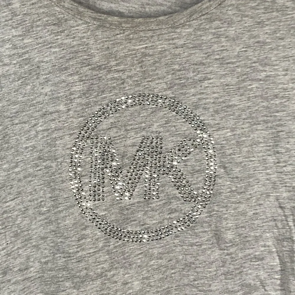 Michael Kors Women's Gray MK Crystal Logo Bling Long Sleeve T-Shirt Size XL